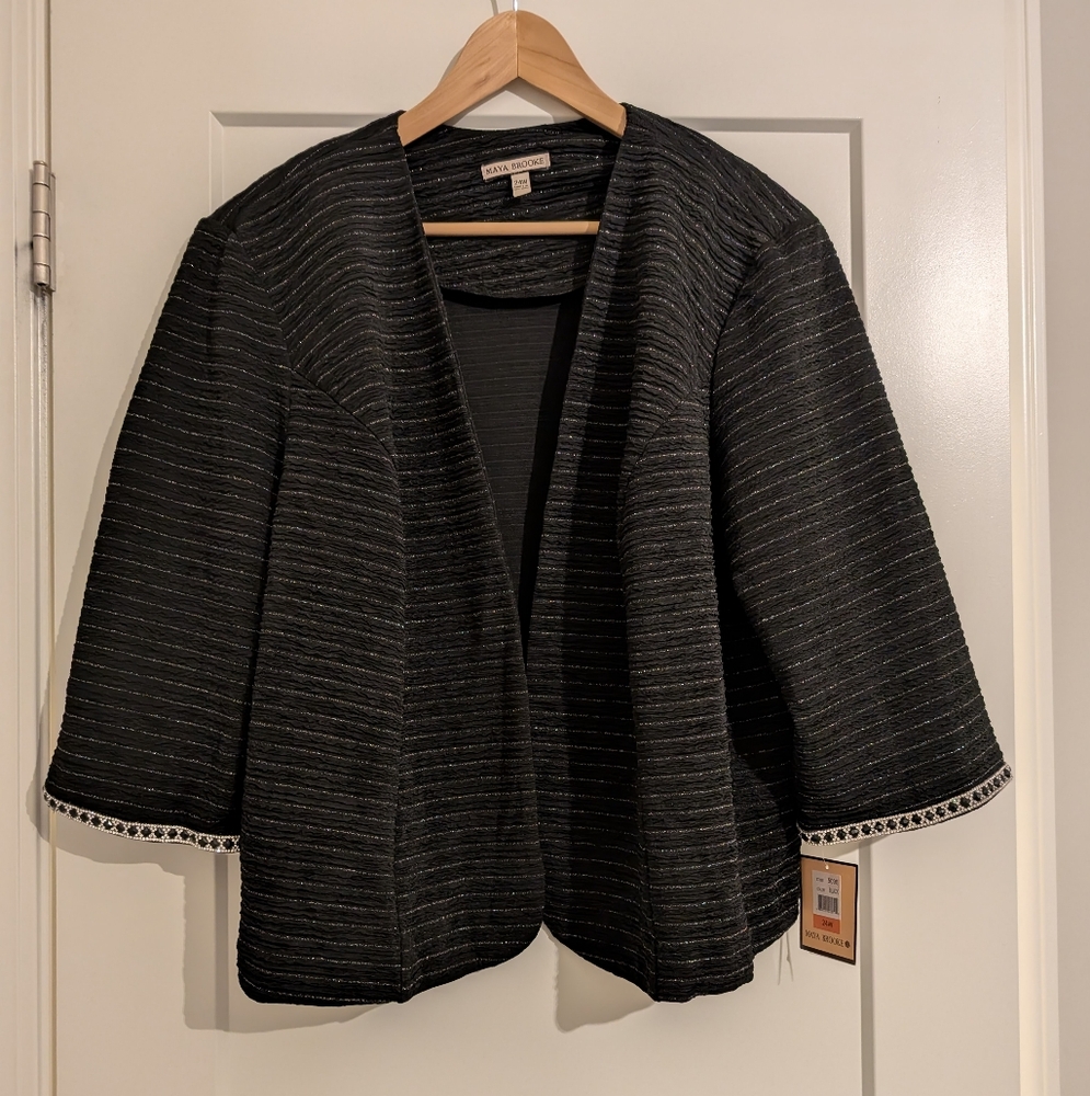 NWT Maya Brooke Black Striped Open Front Jacket With Beaded Trim Women's 24W